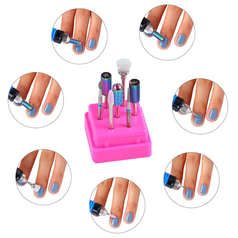 Tungsten steel nail drill polishing head set with seven pieces in a clear case.