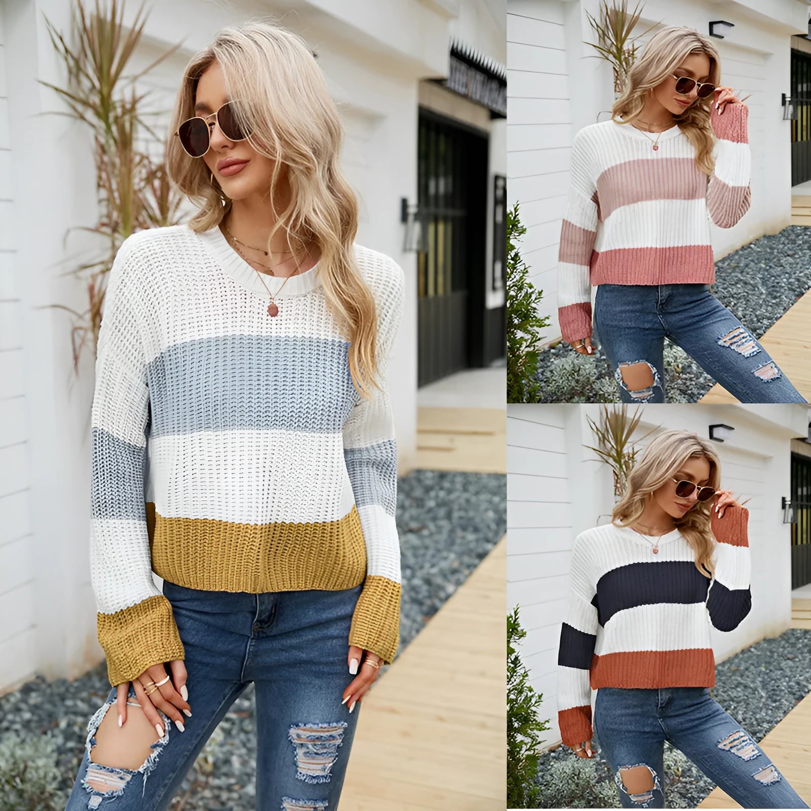 Women's short striped acrylic pullover with loose fit and regular sleeves in pink, dark blue, or yellow stripe options