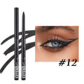 Set of 12 colourful gel eyeliner pencils with glitter, metallic, and matte tips displayed in a case.