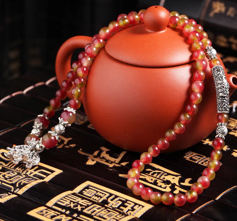 Handmade watermelon crystal bracelet with Chinese knot and geometric beads