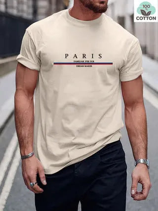 Men's loose fit cotton T-shirt with a printed letter design in apricot colour