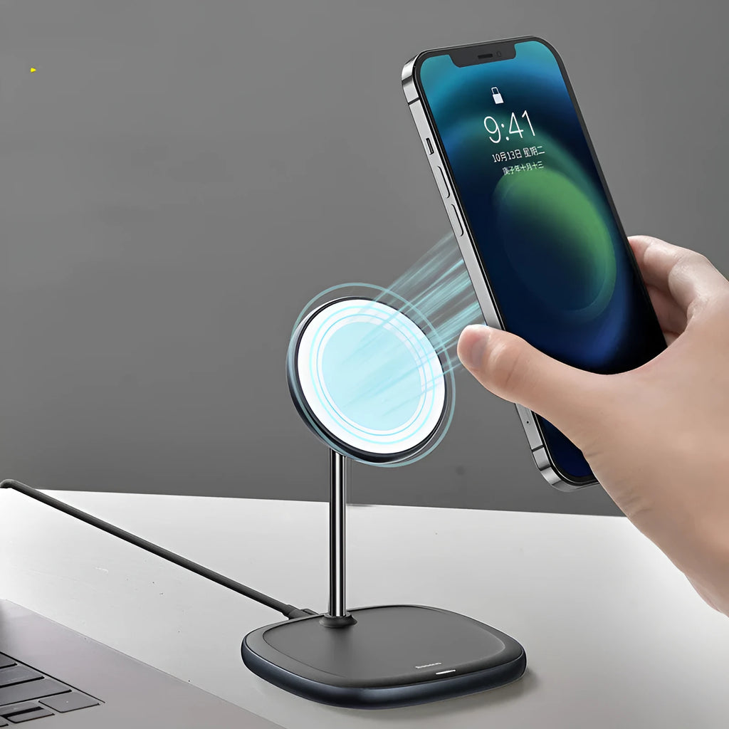 Swan Magnetic Desktop Stand Wireless Charger for iPhone 12 in black on a desk.