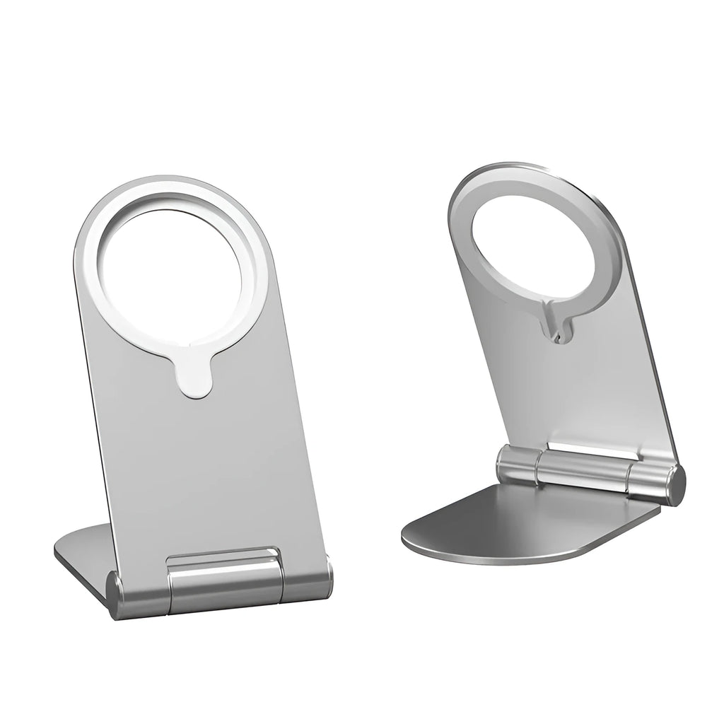 Silver vertical adjustable portable magnetic phone bracket on a metallic surface
