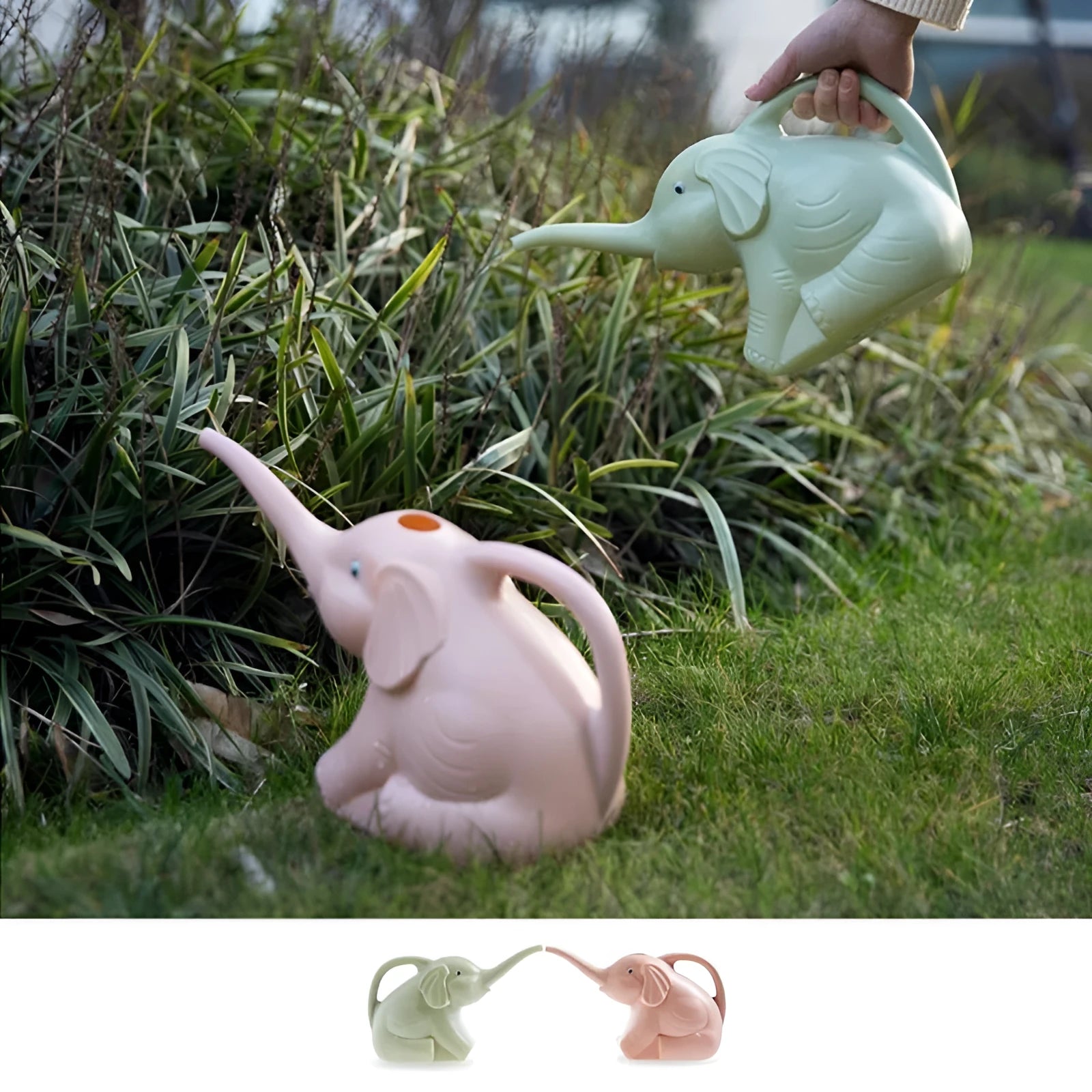 Pink plastic baby elephant-shaped watering can with a long nozzle and handle.