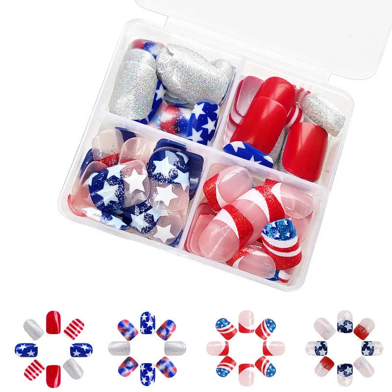 Independence Day nail art kit with three American flag five-pointed star designs for short European square nails