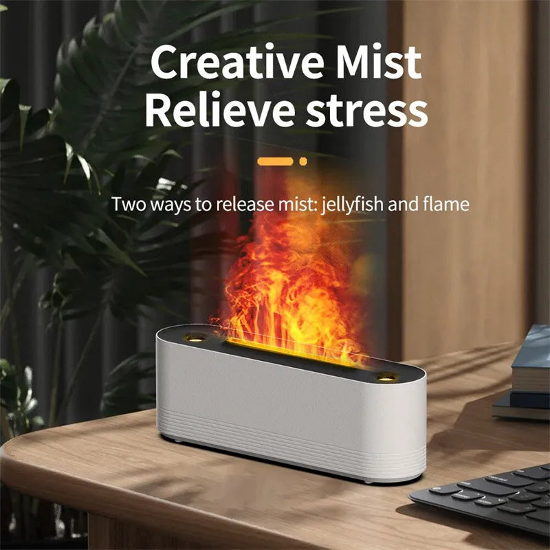 Black or white Flame Air ultrasonic humidifier and essential oil diffuser with LED flame lights on.
