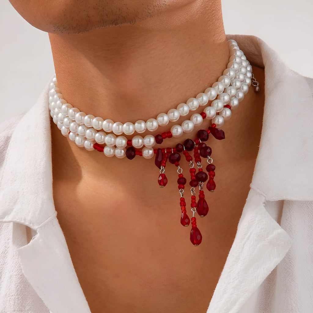 Men's Halloween necklace with blood drop crystal pendant and pearl tassel chain in red and black colours