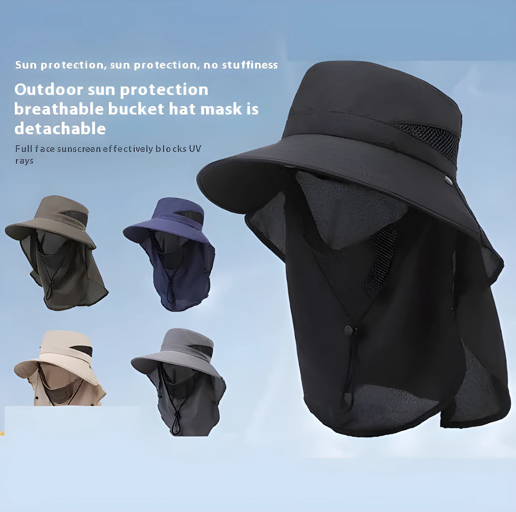 Men's big brim adjustable fisherman sun hat in polyester fabric on a neutral background
