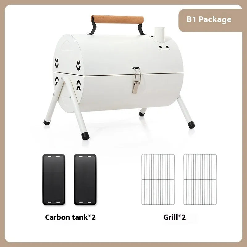 White round portable charcoal grill with detachable carbon tank and barbecue grill for outdoor cooking