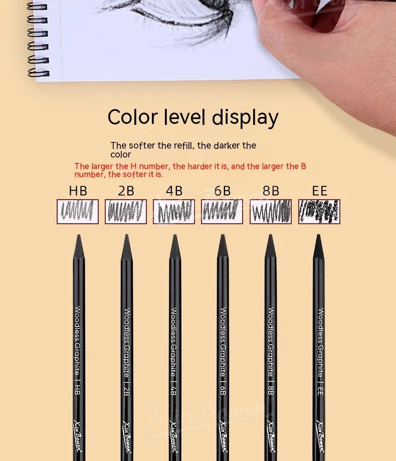 Wood-free graphite sketching pencils set with six different grade markings
