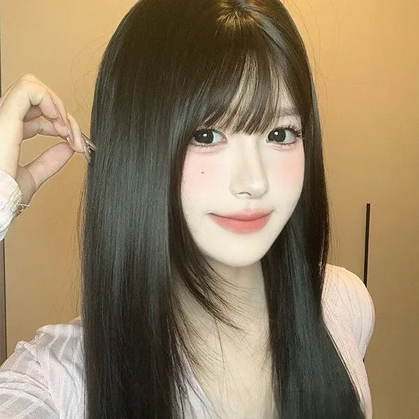 Dark brown long straight full-head wig with bangs for round face shapes