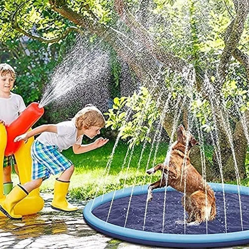 Large blue anti-slip dog splash pad filled with water in a garden, with a dog playing on it.
