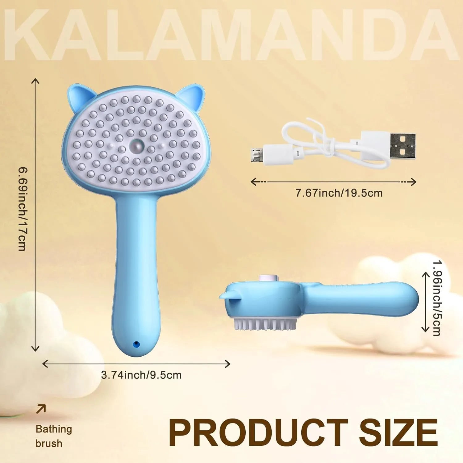 Blue cat steam brush with rubber bristles and release button for pet grooming