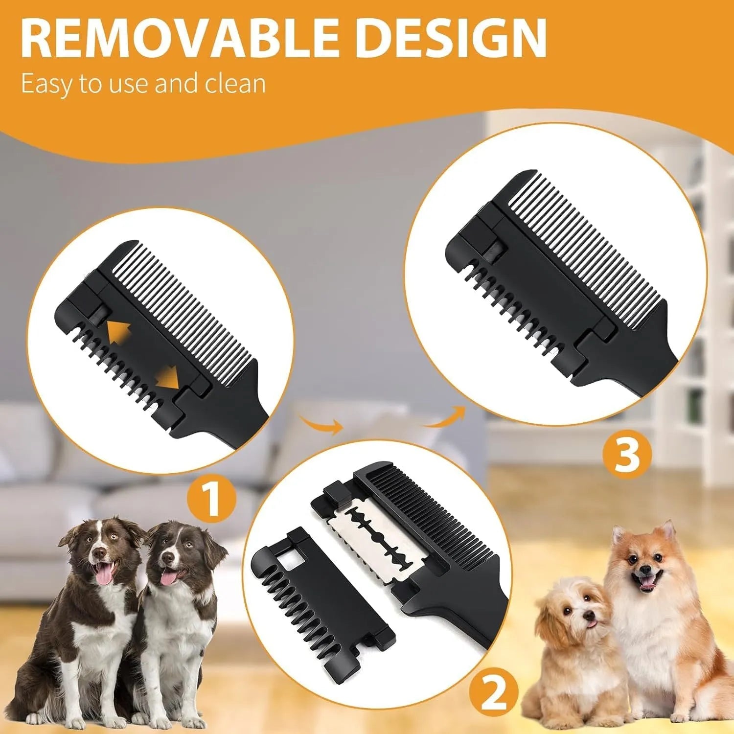 A 2-in-1 razor comb and trimmer for grooming dogs and cats, shown with a pack of 10 replacement blades.