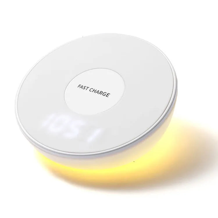 White QI wireless phone charger with digital clock display and three control buttons.