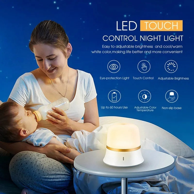 White bedside night light with touch controls for dimming and colour changing