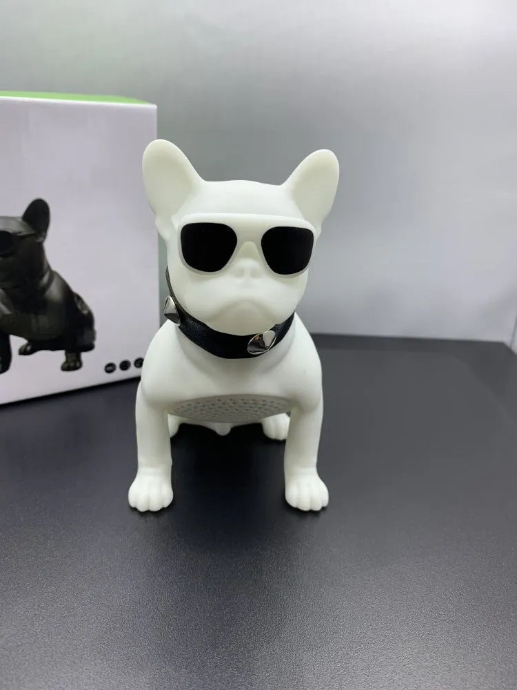 Mini bulldog-shaped Bluetooth speaker in black, red, or white colours showing wireless design
