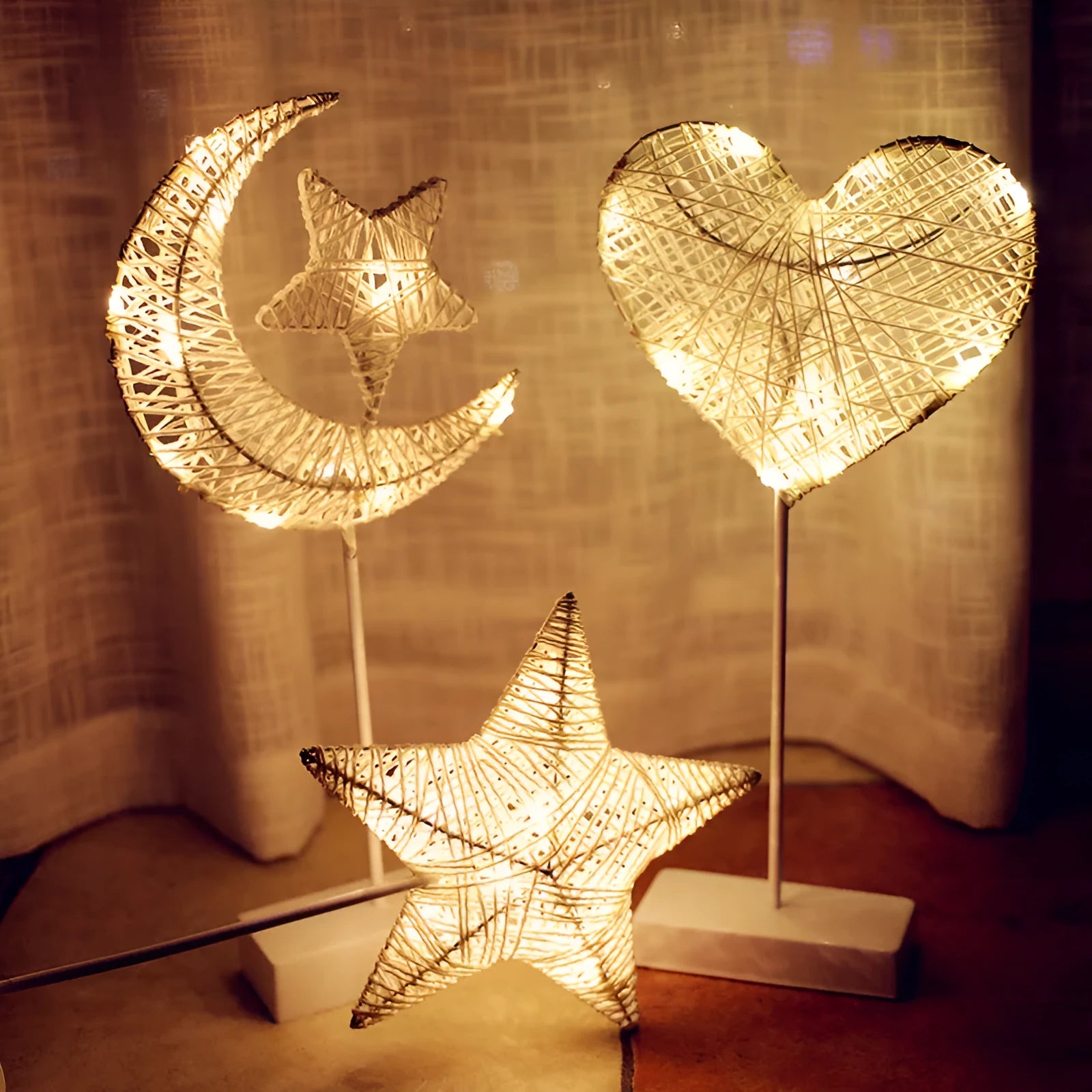 Rattan ball LED string lights with star, heart, and moon shaped lamps for bedroom decoration