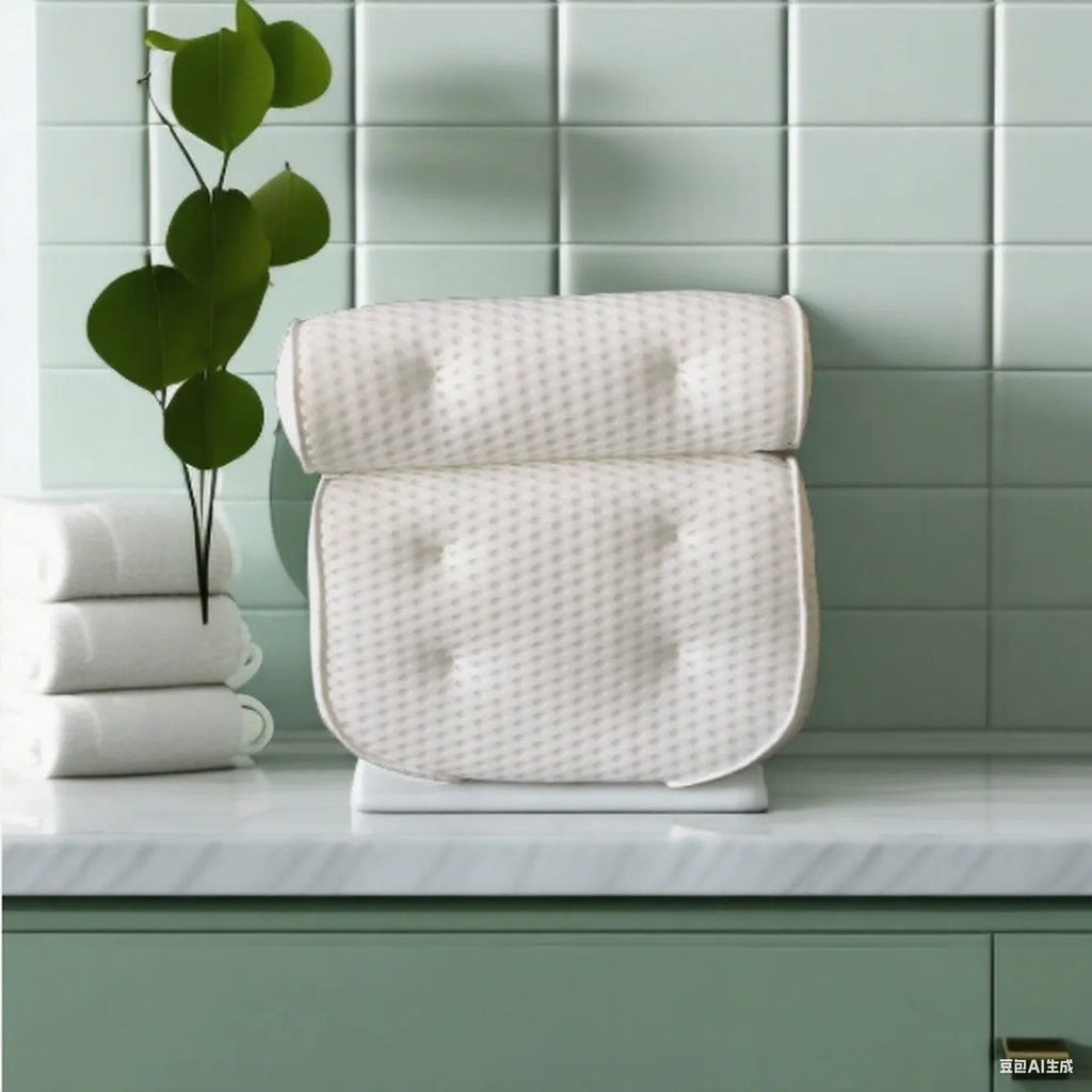White 3D mesh bathtub pillow with multiple suction cups, shown on a bathtub.