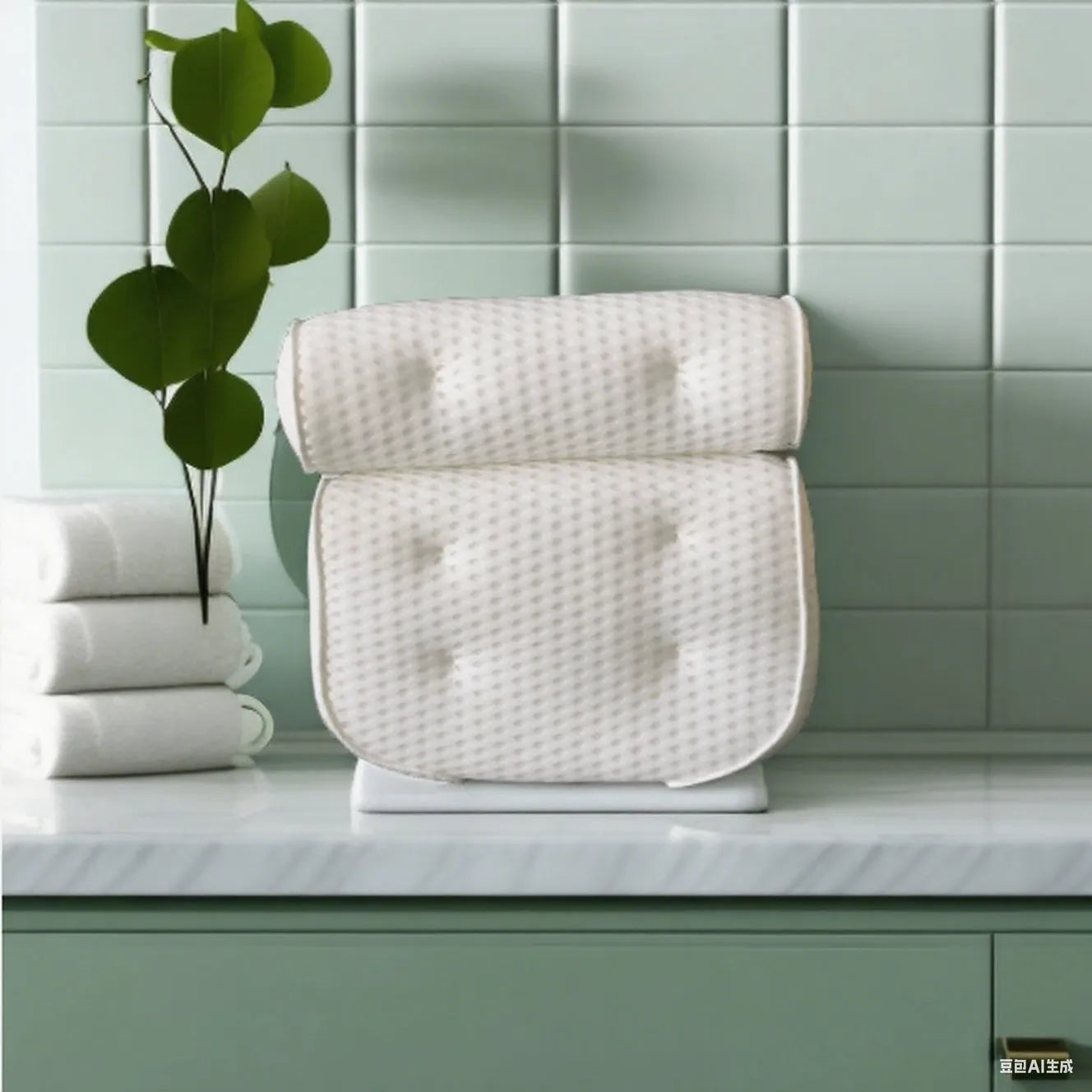 White 3D mesh bathtub pillow with multiple suction cups, shown on a bathtub.