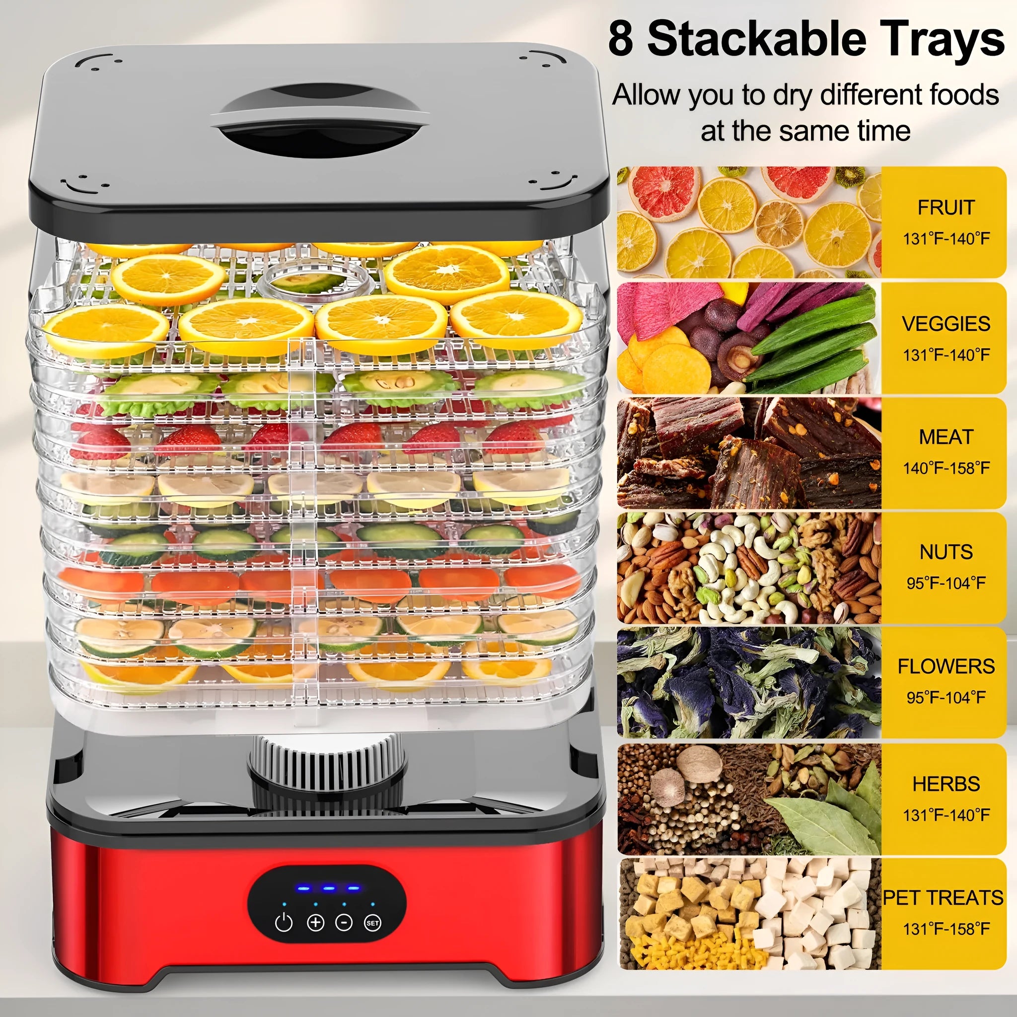 Silver or red household food dehydrator with 8 drying layers and control panel