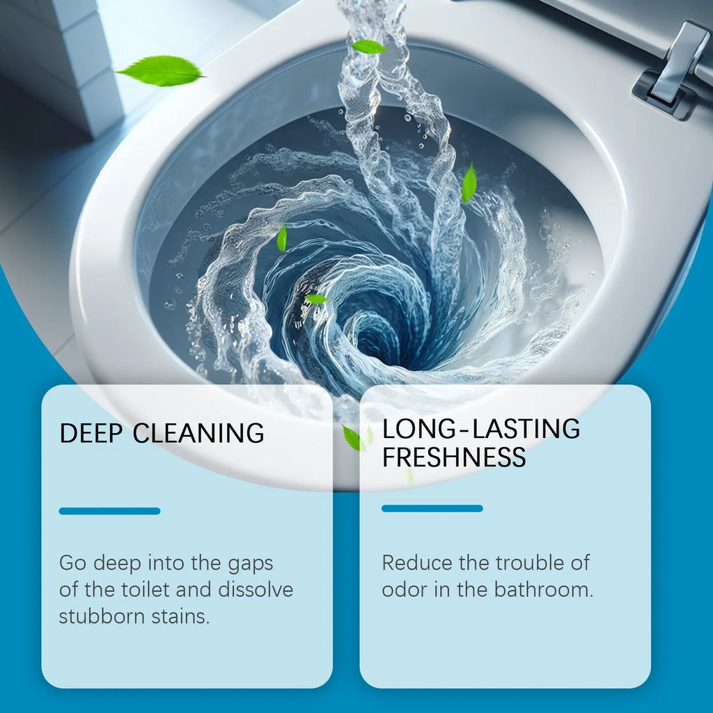 Four sachets of toilet cleaning powder for stains and odour, total 120g, on a bathroom background.