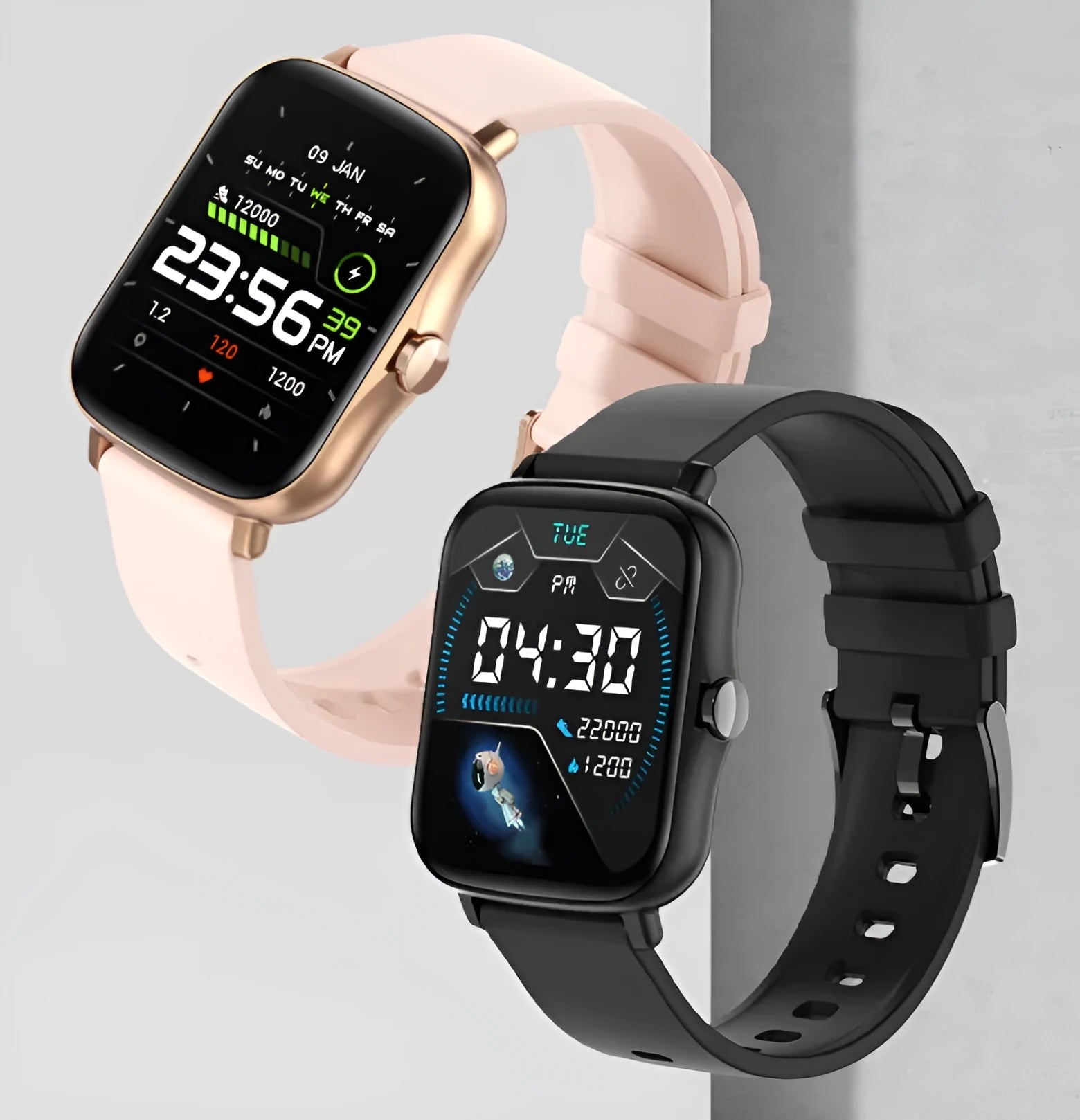 Smart sports watch with 1.7-inch colour touchscreen showing heart rate display on wrist