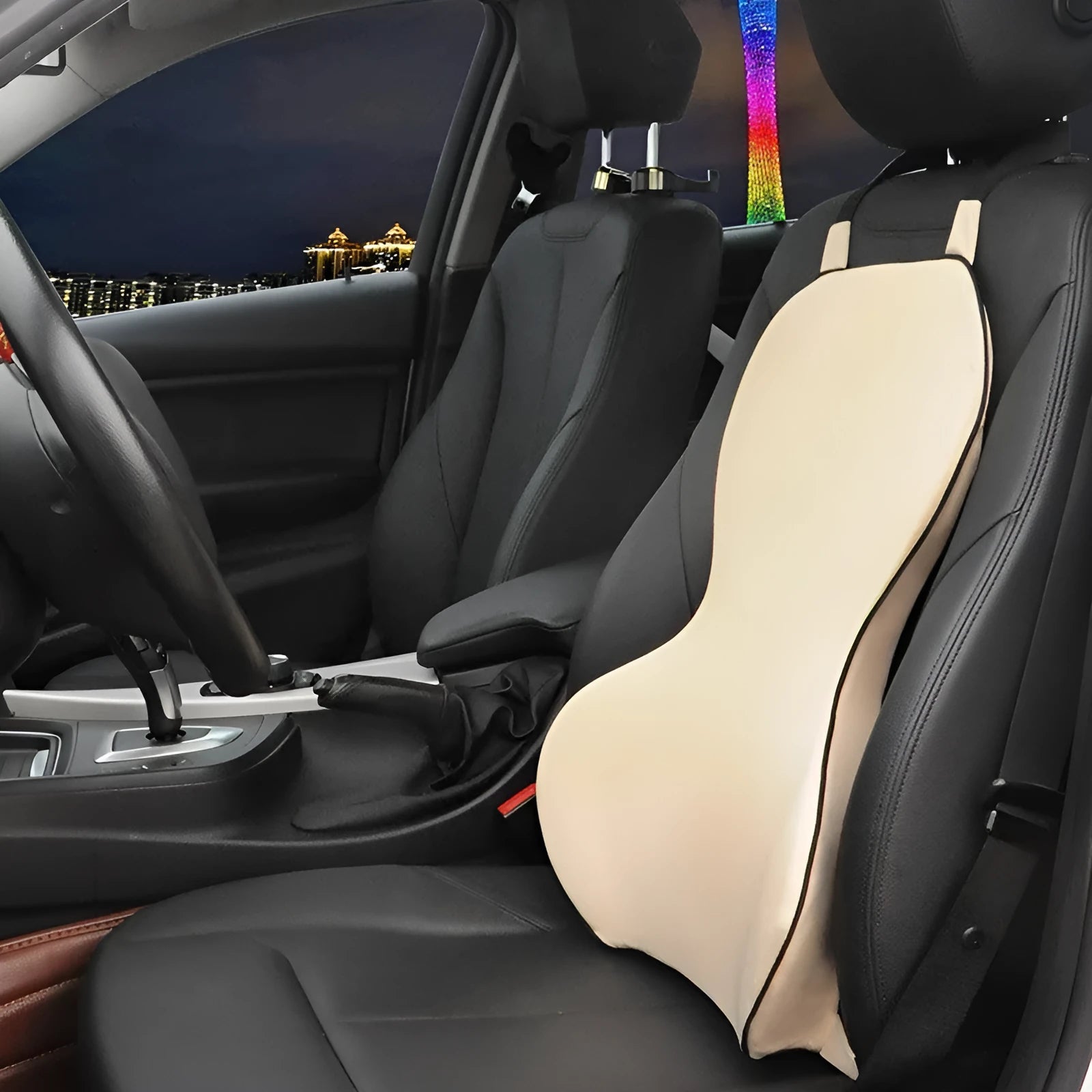 Memory cotton car lumbar support cushion with removable polyester cover in neutral colours.
