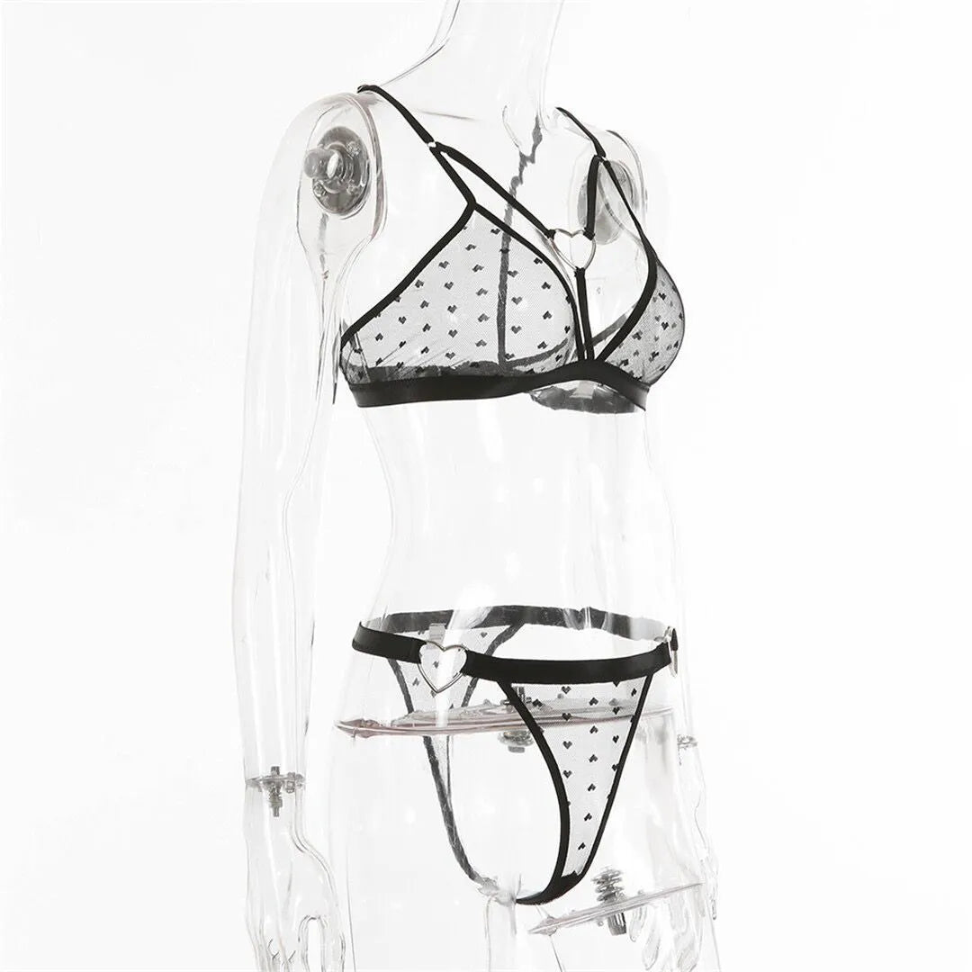 Ladies black mesh spandex two-piece sportswear set with matching top and pants