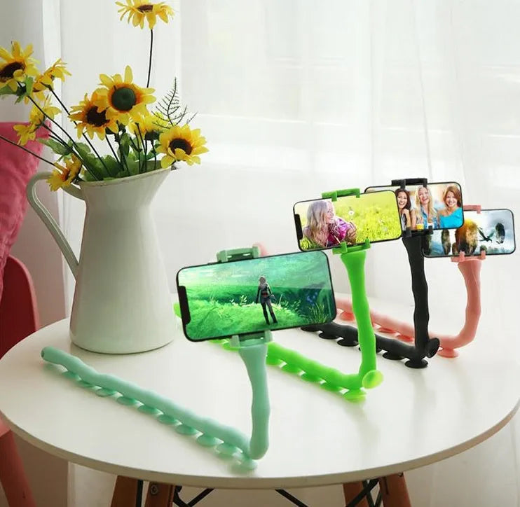 Flexible silicone phone holder with suction cup showing 360° rotation and 62cm length