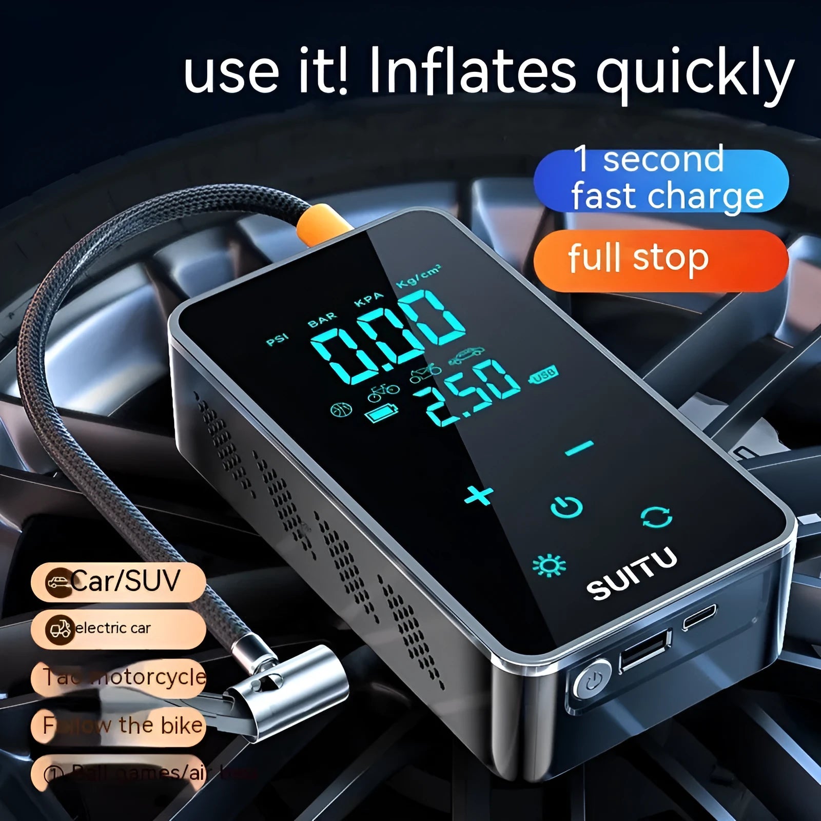 Black wireless portable tyre inflator with LCD screen, attached air hose, and set of four nozzle adapters