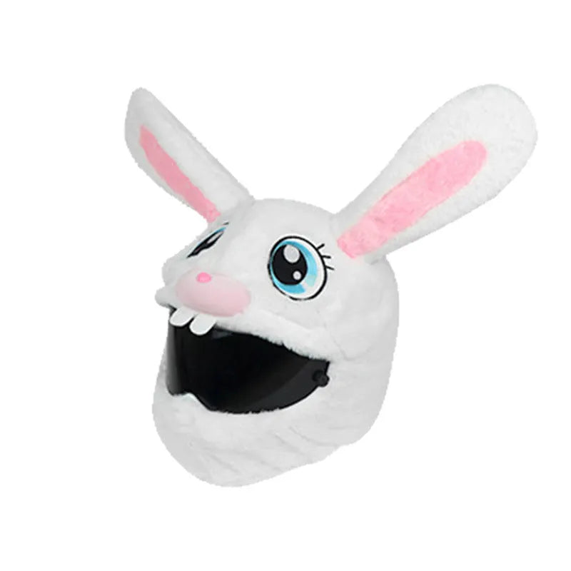 White rabbit head plush cover for motorcycle helmet with long ears.