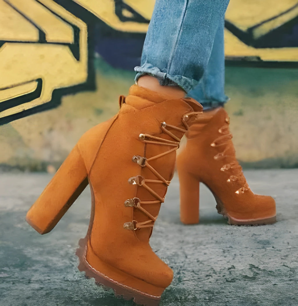 Women's suede high-heel ankle boots in army green with thick block heel and round toe