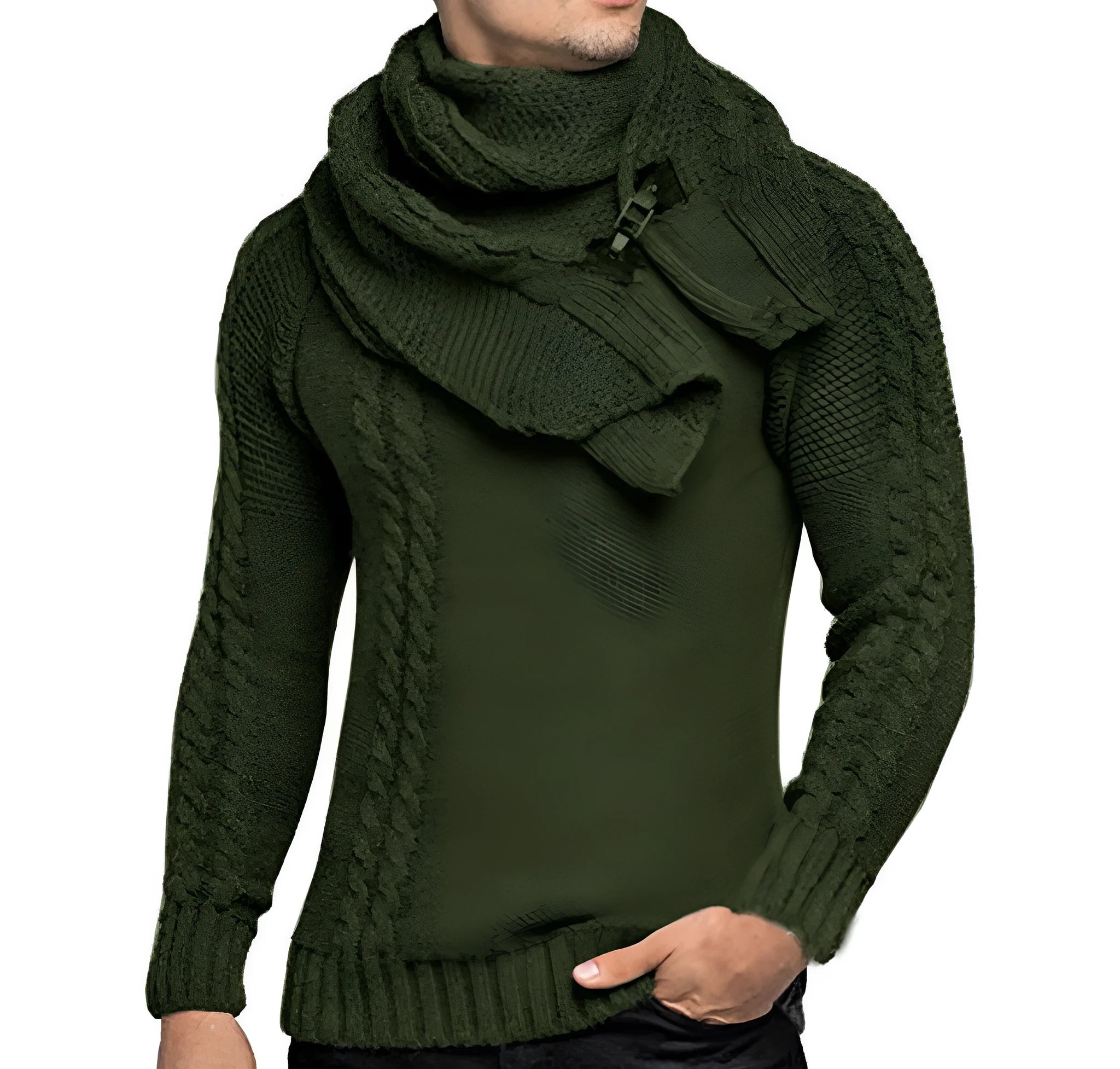 Men winter sweater slim fit pullover in green colour, front view