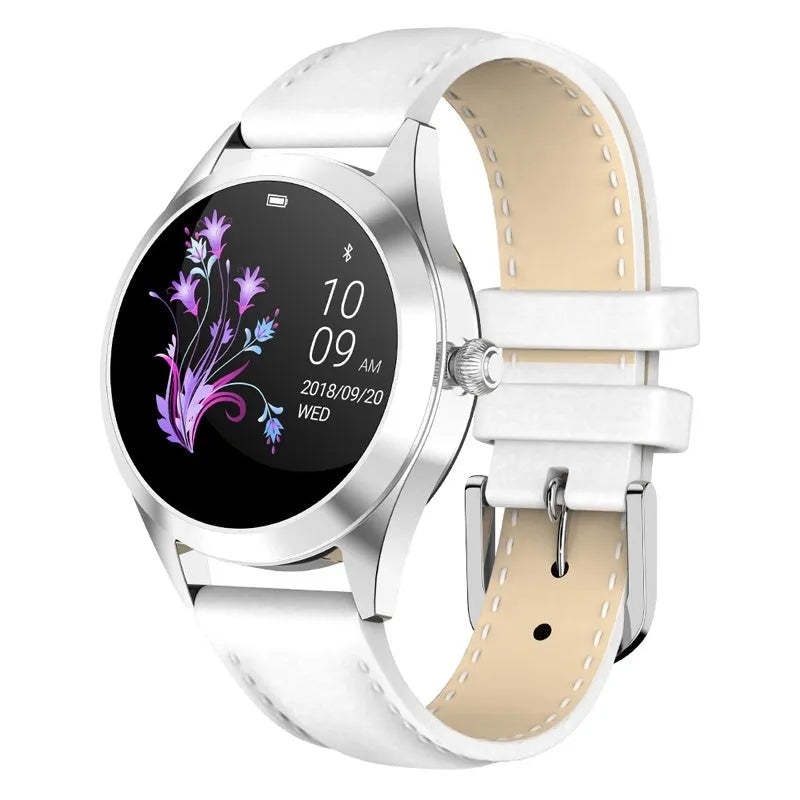 Women's multi-functional sports smartwatch showing heart rate monitoring and available in four colours