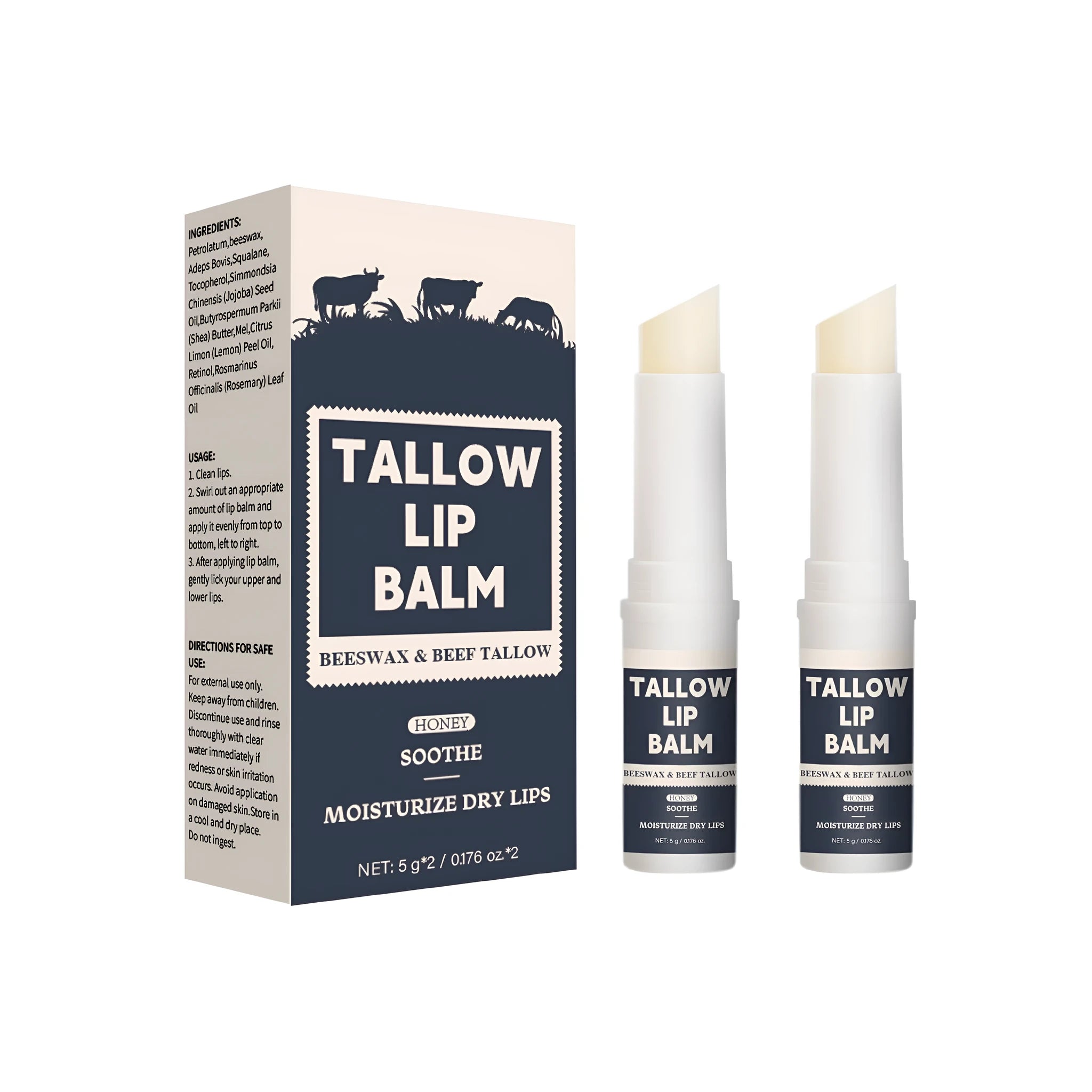 Two Light Grain Soft Full Lips beef fat lip balms in standard packaging.