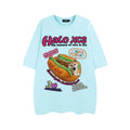 Cartoon hamburger dog printed short-sleeved cotton t-shirt in loose fit, shown in apricot colour.