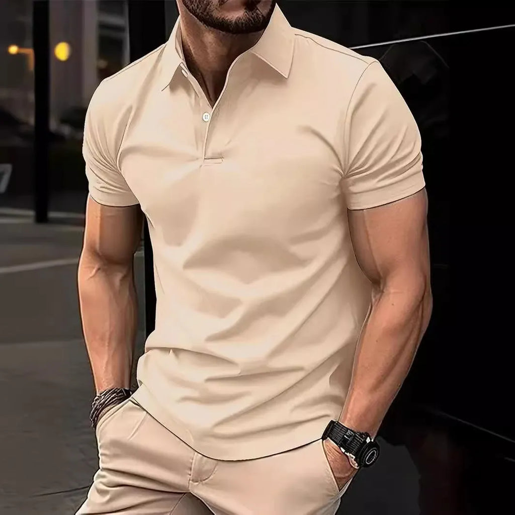 Men's slim fit short sleeve button-up shirt in cotton polyester blend, multiple solid colour options displayed