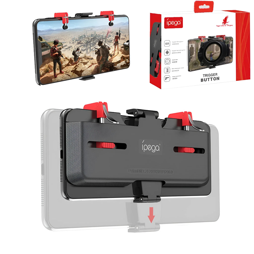 Black mobile phone gaming trigger handle bracket with pull-out concealed trigger and adjustable telescopic phone clip.