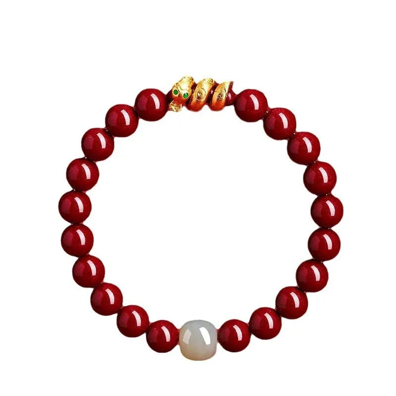 Handmade cinnabar Chinese zodiac bracelet with snake beads, shown in 6mm and 8mm size options.