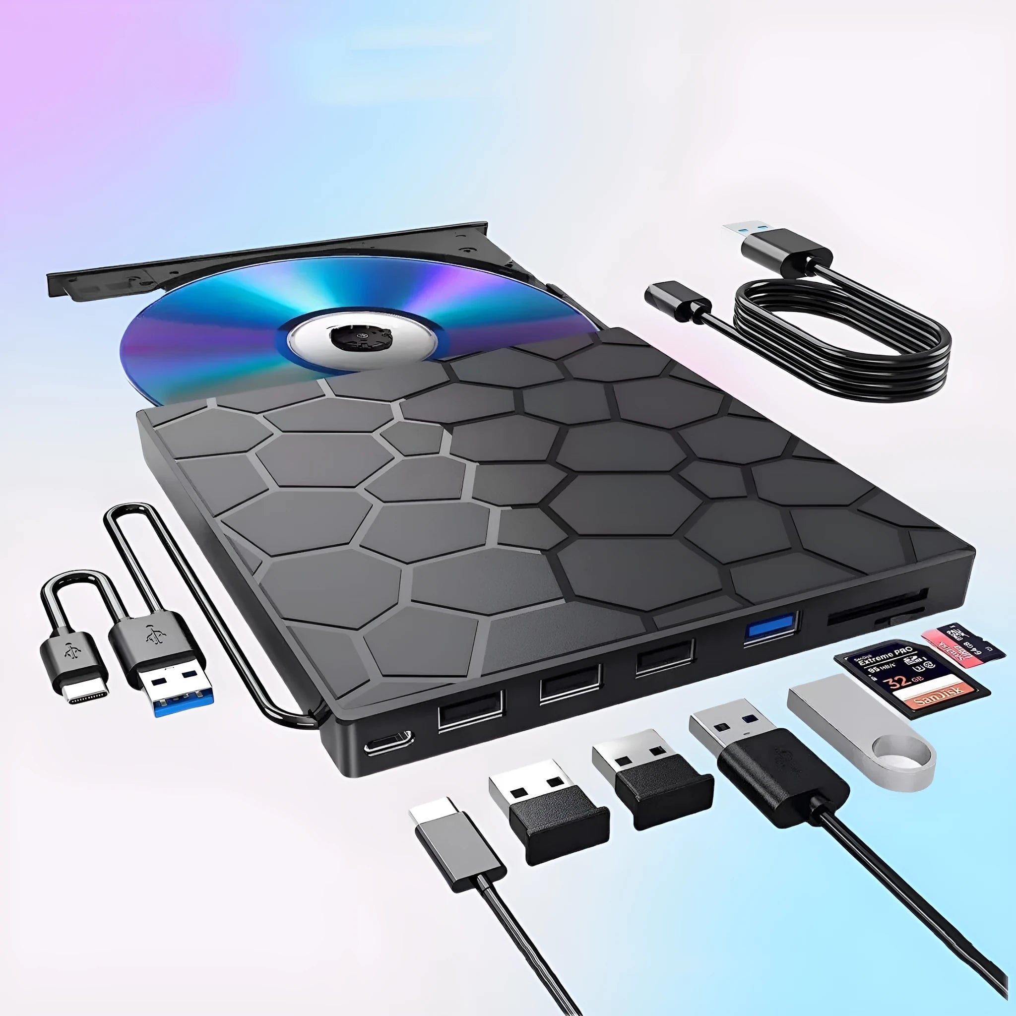 Black external USB CD DVD drive optical disc writer reader burner on a desk.