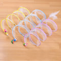 S-shaped cat tunnel toy with steel frame, elastic net sides and feather attachments