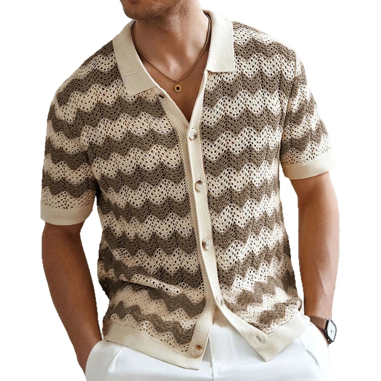 American-style hollow jacquard corrugated short sleeve summer sweater in yellow, blue, or brown colours