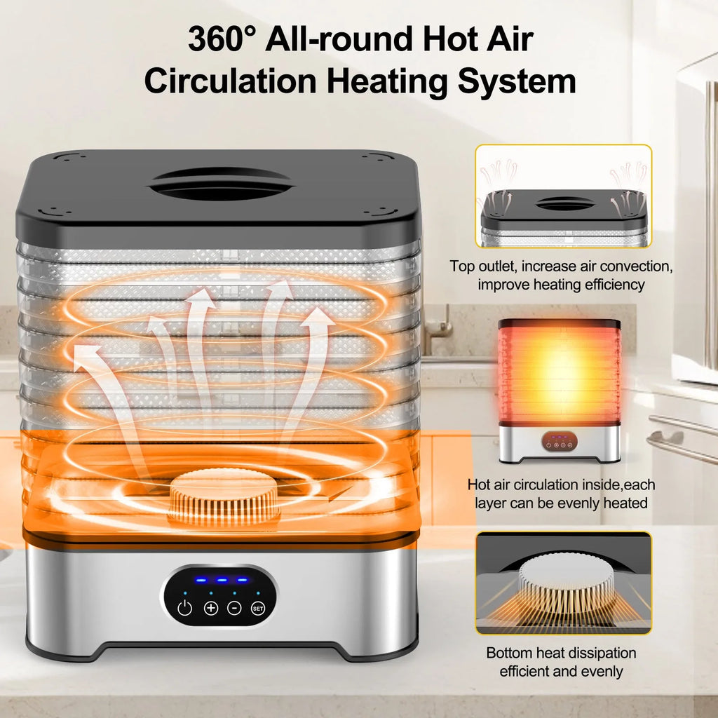 Silver or red household food dehydrator with 8 drying layers and control panel
