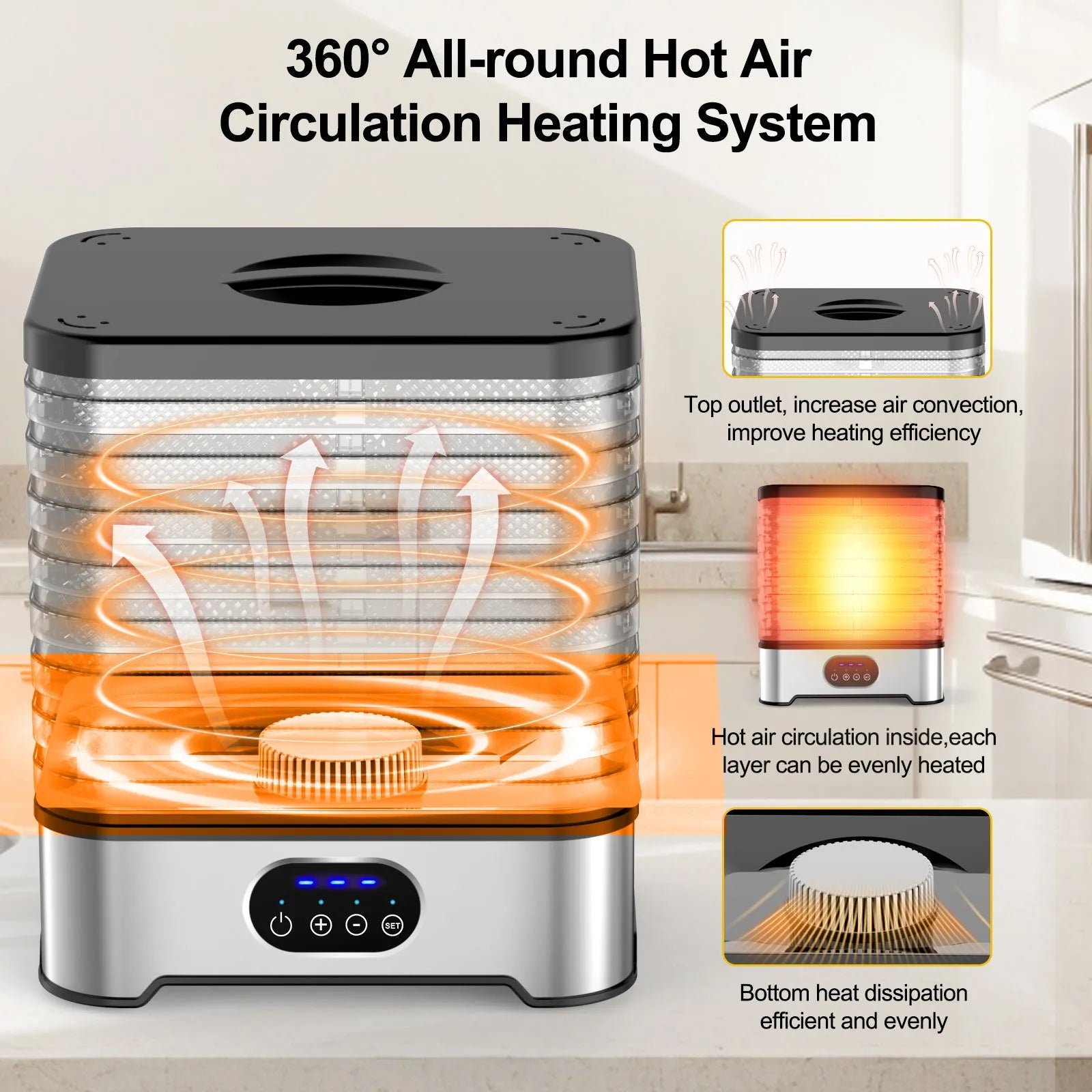 Silver or red household food dehydrator with 8 drying layers and control panel
