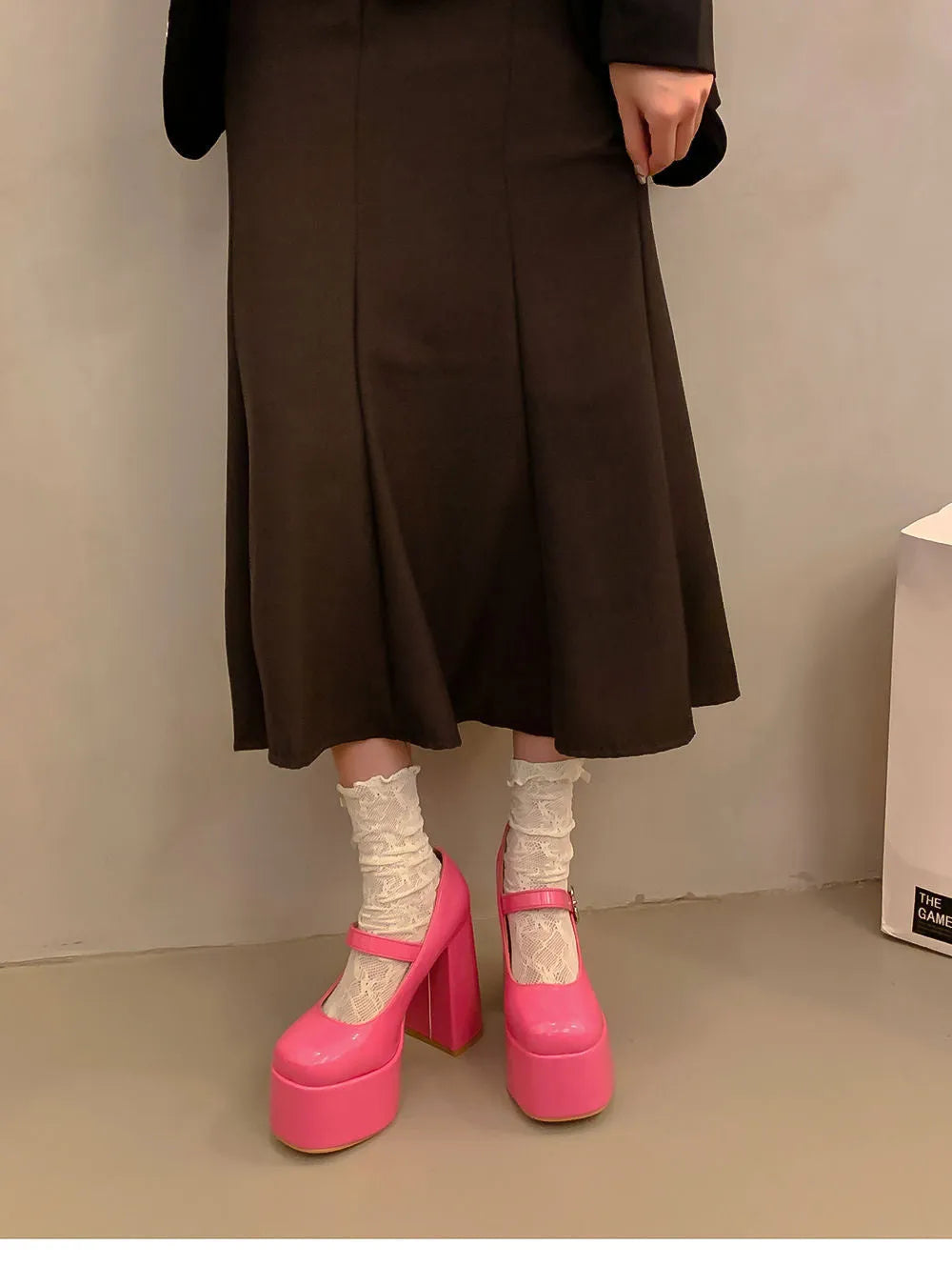 Pink waterproof platform thick heel Mary Jane shoes with PU upper and rubber sole, round head toe, sizes 33-39