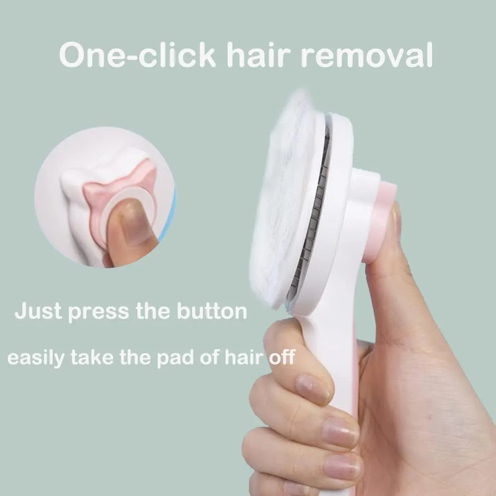 Blue self-cleaning cat grooming brush with rubber handle and metal pins, shown removing fur.