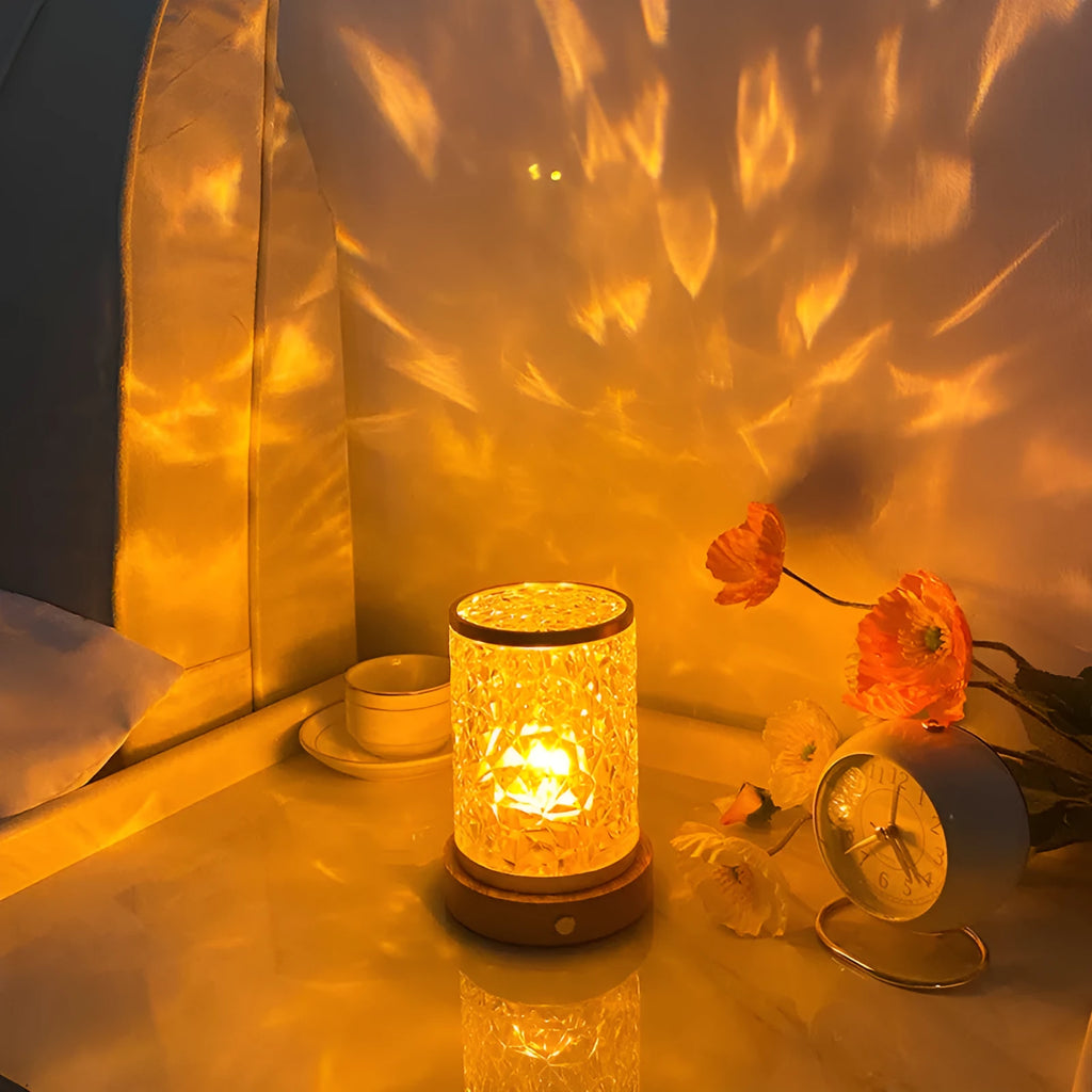 Rotating water ripple night light on solid wood base with USB port and touch controls