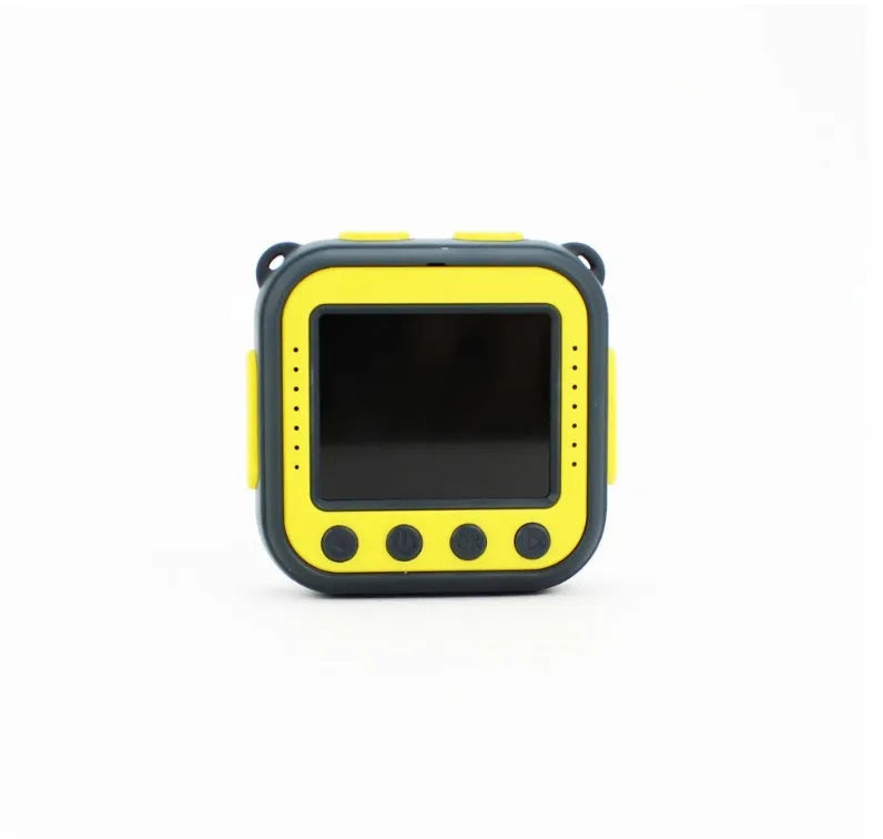 Yellow children's waterproof sports camera showing 1.77-inch LCD screen and compact 60mm design