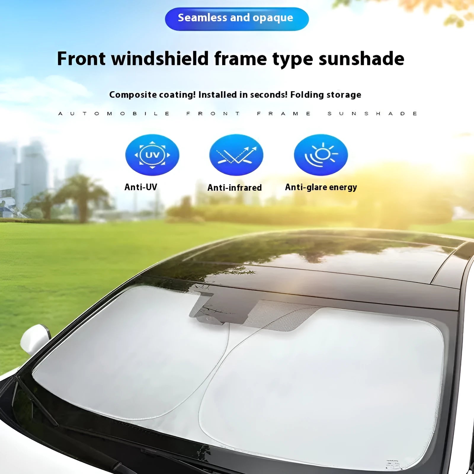 Titanium silver aluminium foil car sunshade for windshield heat and UV protection.
